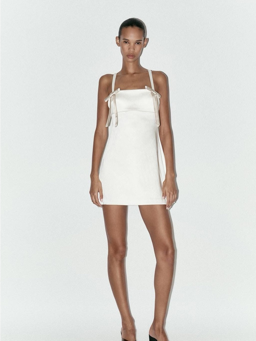 Zara white satin slip mini dress with Bow Straps